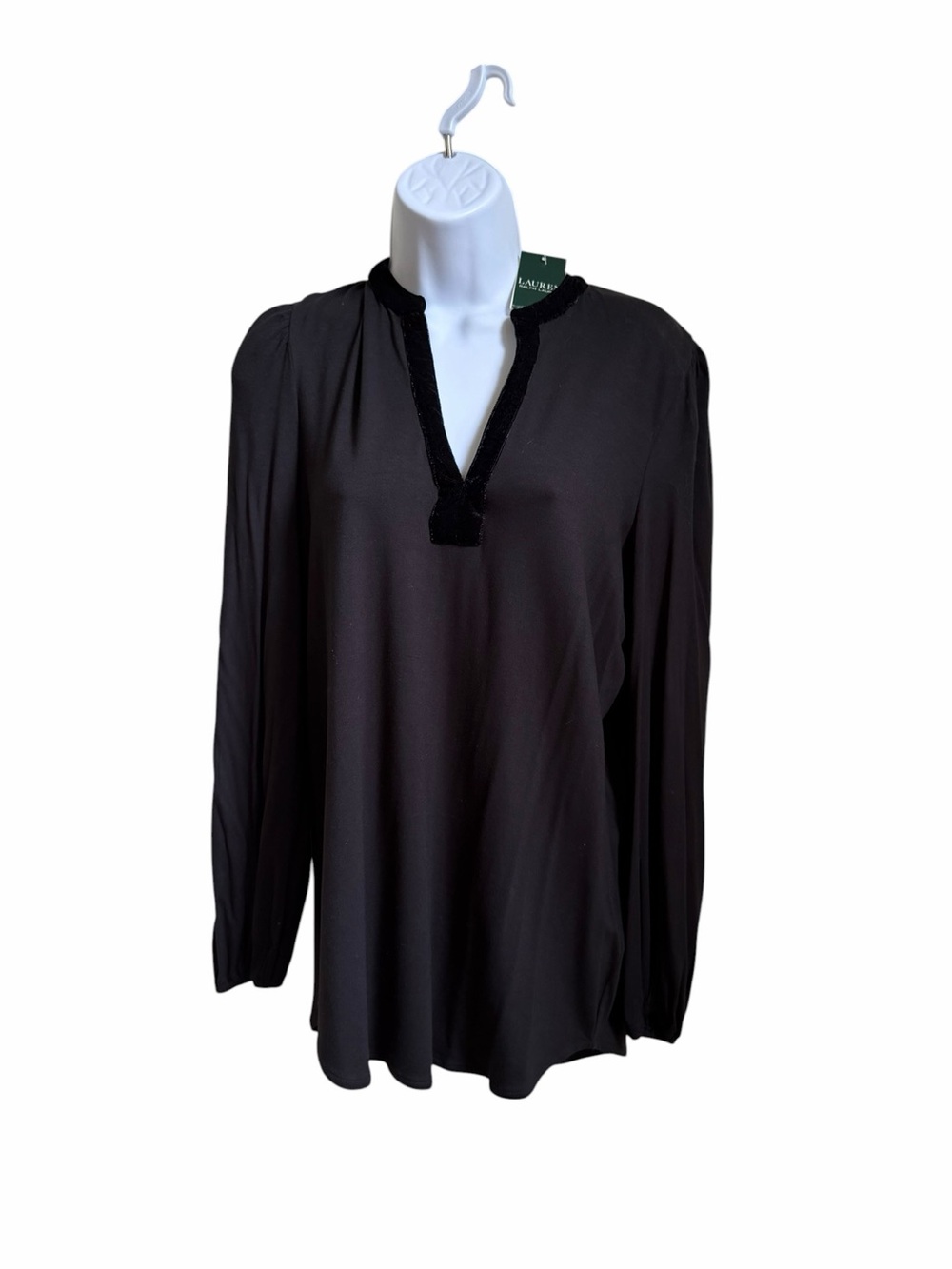 LAUREN RALPH LAUREN Womens Luviana Velvet Trim V-Neck Pullover Top Black S  NWT